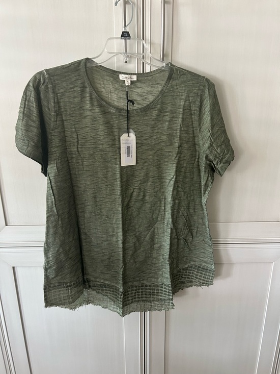 Cotton Bleu Tops - Cotton Bleu Olive Green Short Sleeve Women's Tee with Decorative Hem